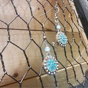 Vintage Silver Turquoise painted Floral Drop Earrings
